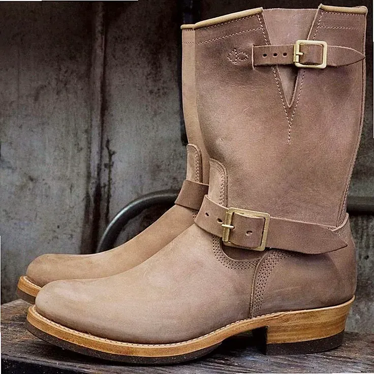 Natural Sole Men's Beige Combat Suede Engineer Motorcycle Biker Boot For Running